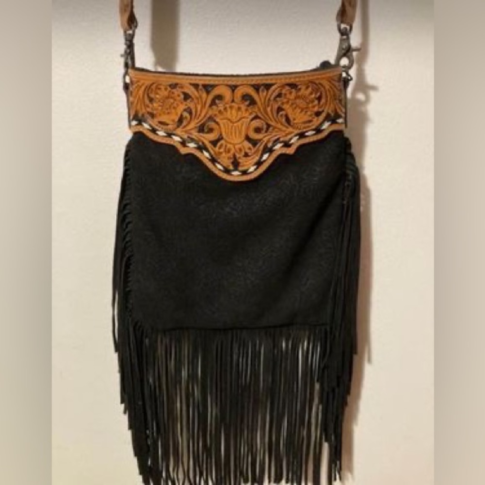 American darling conceal & carry, tooled, embossed fringe crossbody purse black